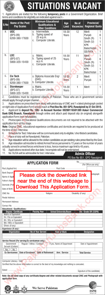 PO Box 851 GPO Rawalpindi Jobs 2015 October Application Form Download UDC / LDC Clerks & Others