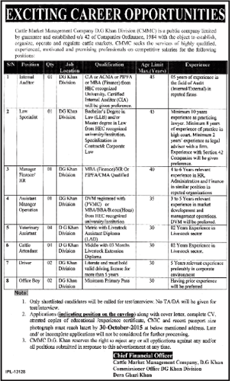 Cattle Market Management Company Dera Ghazi Khan Jobs 2015 October Latest