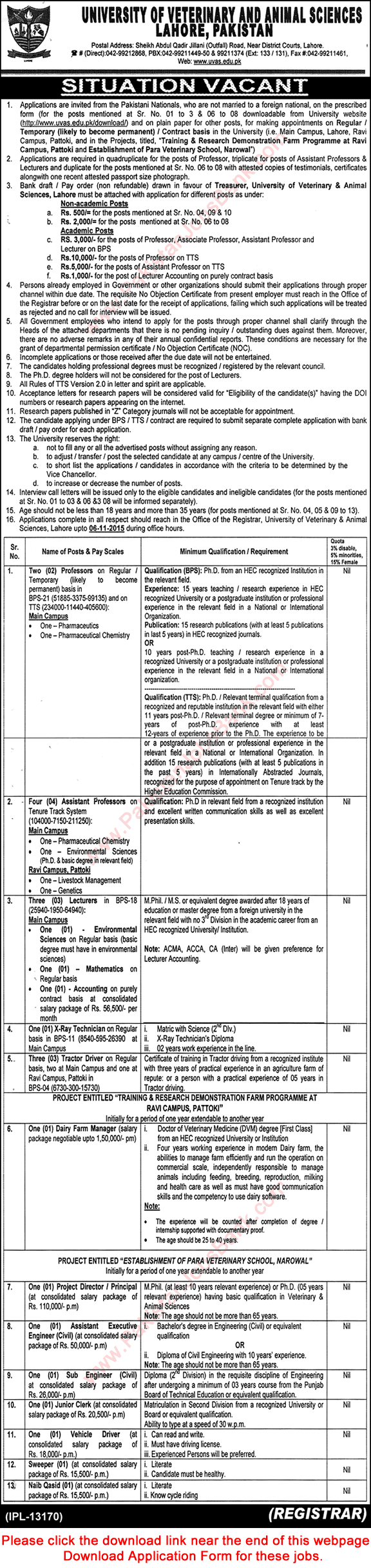 University of Veterinary and Animal Sciences Jobs 2015 October UVAS Application Form Latest