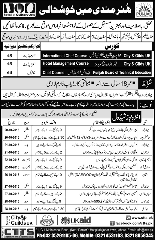 CTTS School of Culinary Arts Lahore Free Courses 2015 October Punjab Skill Development Fund