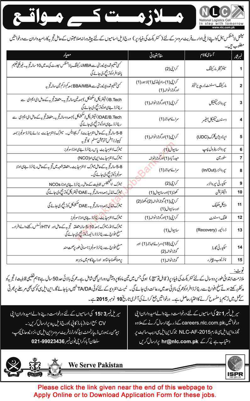 NLC Jobs October 2015 Online Application Form National Logistics Cell Freight Services Latest