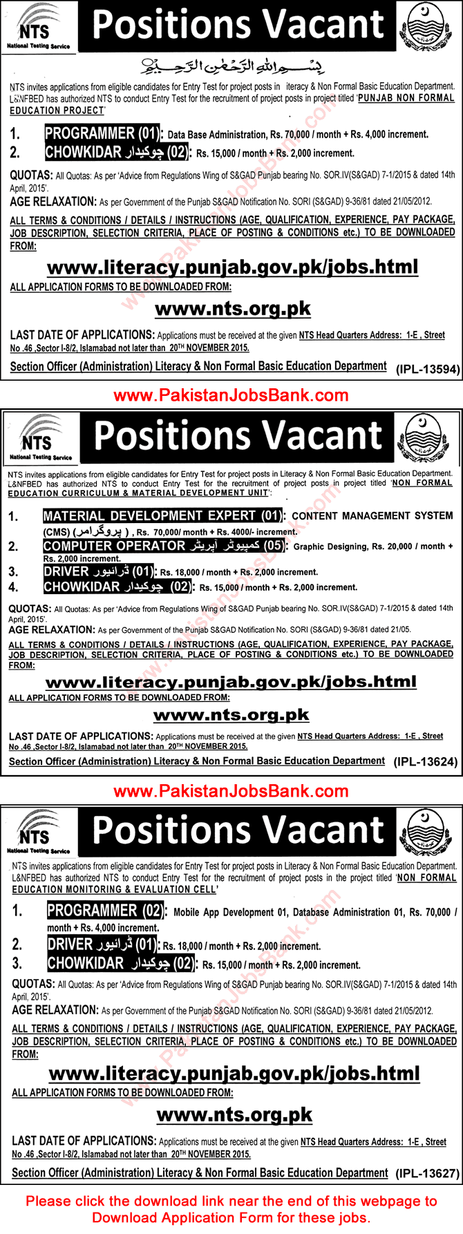 Literacy & Non Formal Basic Education Department Punjab Jobs 2015 October NTS Application Form Download