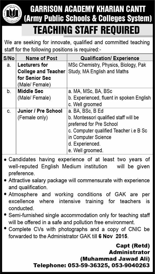 Garrison Academy Kharian Cantt Jobs 2015 November Lecturers & Teachers Latest