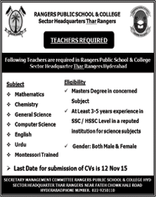 Rangers Public School and College Hyderabad Jobs 2015 November Teaching Faculty