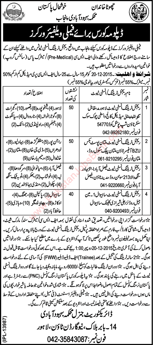 Family Welfare Workers Free Diploma Courses 2015 November Population Welfare Department Latest