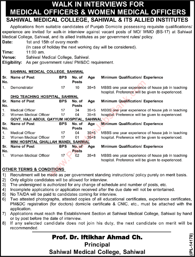 Sahiwal Medical College Jobs 2015 November Medical Officers & Demonstrators Walk in Interviews Schedule