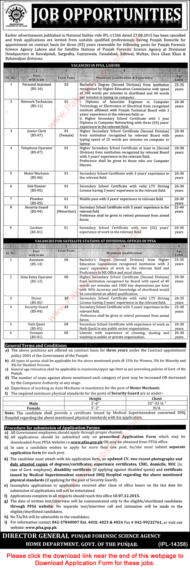 Punjab Forensic Science Agency Jobs November 2015 PFSA Application Form Download Assistants, DEO, Drivers, Security Guards & Others