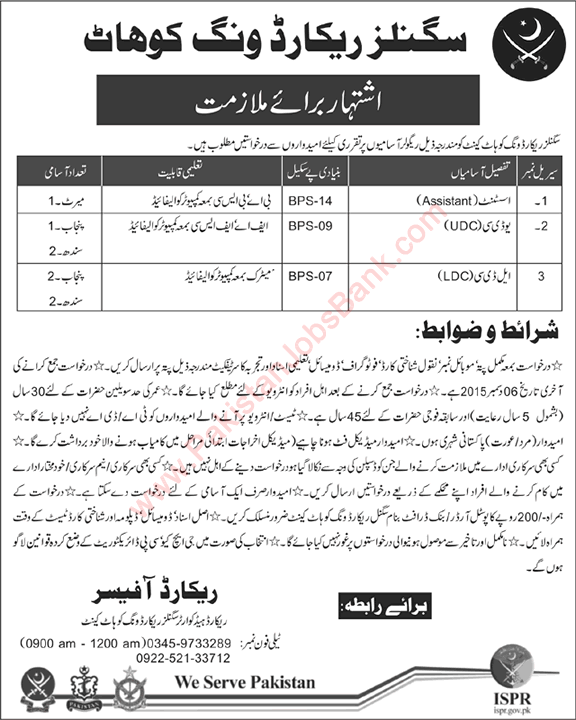 Signals Record Wing Kohat Jobs 2015 November LDC / UDC Clerks & Assistant Pakistan Army