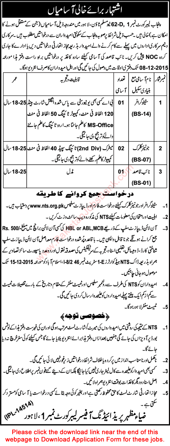 Punjab Labour Court Lahore Jobs 2015 November NTS Application Form Clerks, Stenographer & Naib Qasid