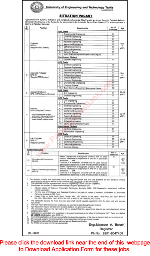 UET Taxila Jobs December 2015 Application Form Teaching Faculty, Lab Engineers & Controller of Examinations
