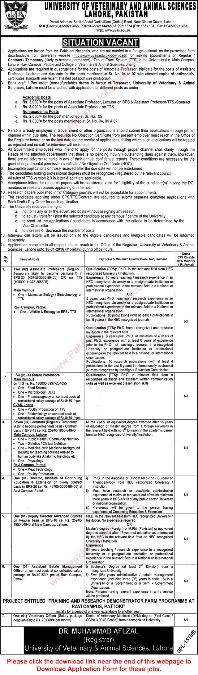 University of Veterinary and Animal Sciences Lahore Jobs December 2015 / 2016 UVAS Application Form Download Latest