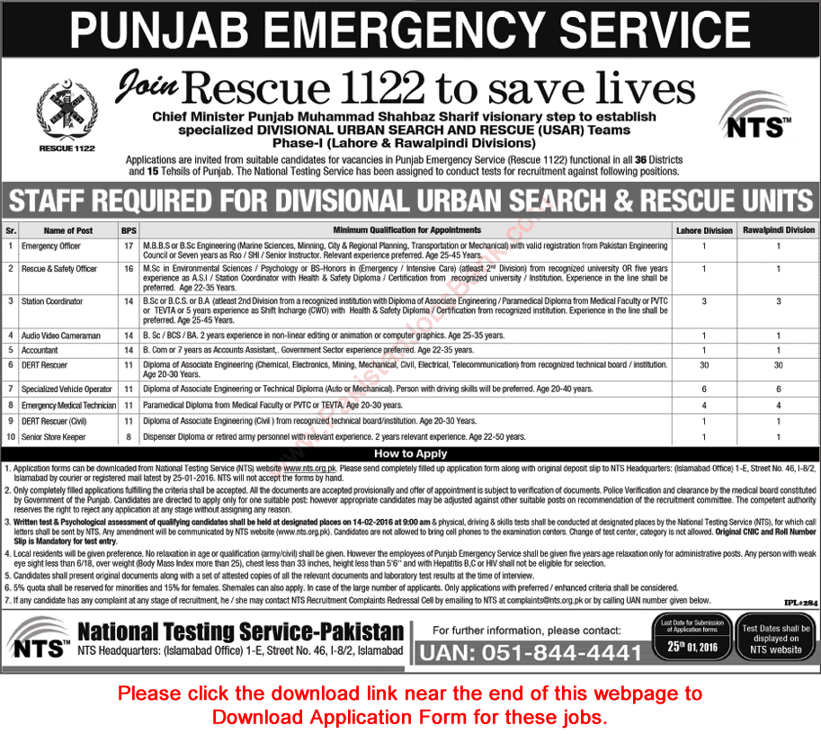 Rescue 1122 Jobs 2016 in Lahore & Rawalpindi NTS Application Form USAR Punjab Emergency Service Latest