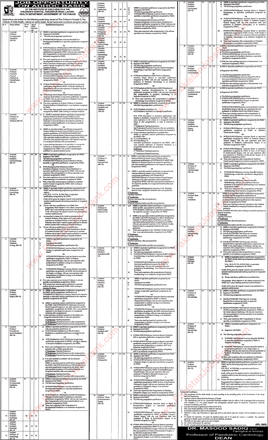 Children's Hospital Lahore Jobs 2016 Associate / Assistant Professors at The Institute of Child Health CHICH Latest