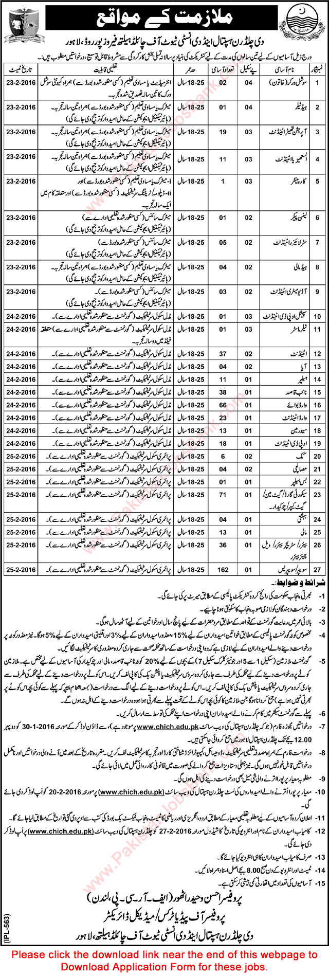 Children's Hospital Lahore Jobs 2016 CHICH Application Form Download The Institute of Child Health Latest