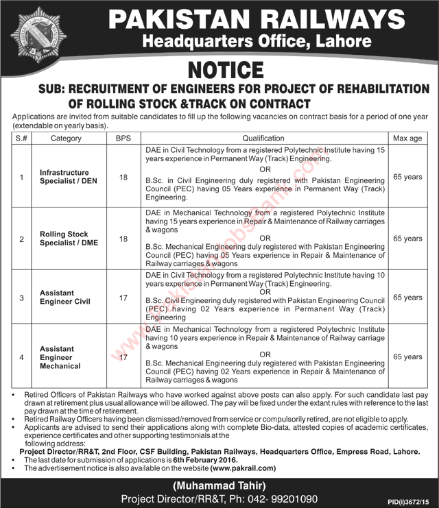 Pakistan Railways Jobs 2016 January for Civil & Mechanical Engineers Latest Advertisement