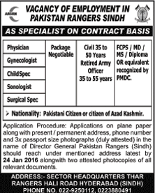 Medical Specialist Doctors Jobs in Pakistan Rangers Sindh Jobs 2016 Latest