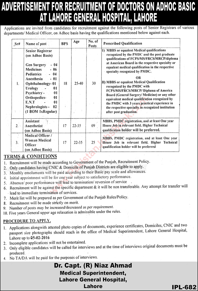 Lahore General Hospital Jobs 2016 LGH Medical Officers, Registrars & Assistant Anesthetists Latest
