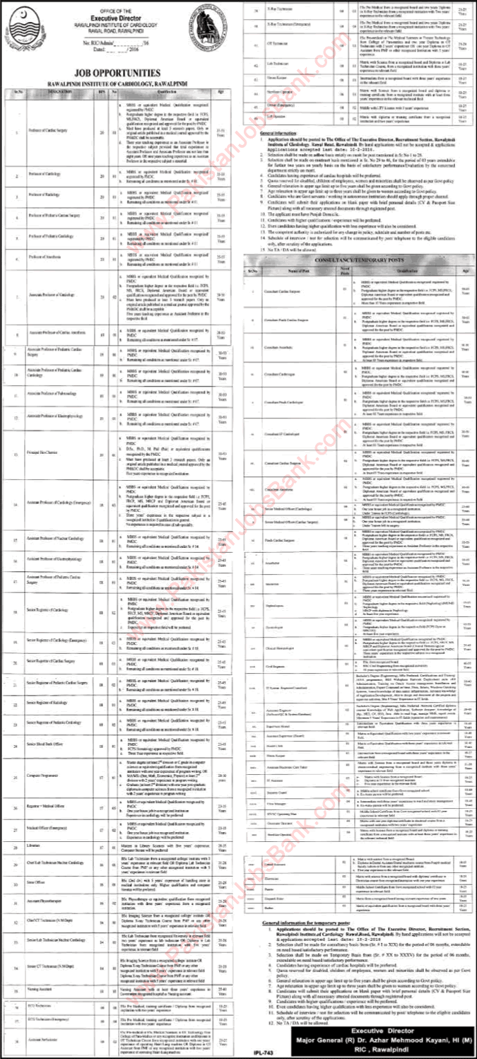 Rawalpindi Institute of Cardiology Jobs 2016 RIC Teaching Faculty, Medical Consultants, Technicians & Others Latest