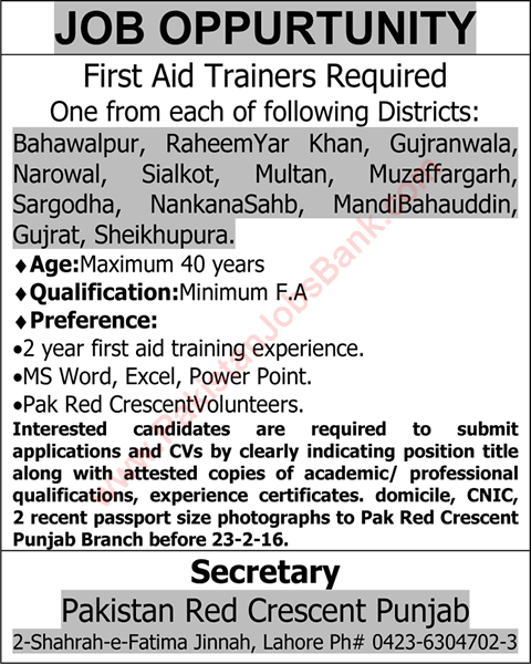 First Aid Trainer Jobs in Pakistan Red Crescent Society Punjab 2016 February PRCS Latest
