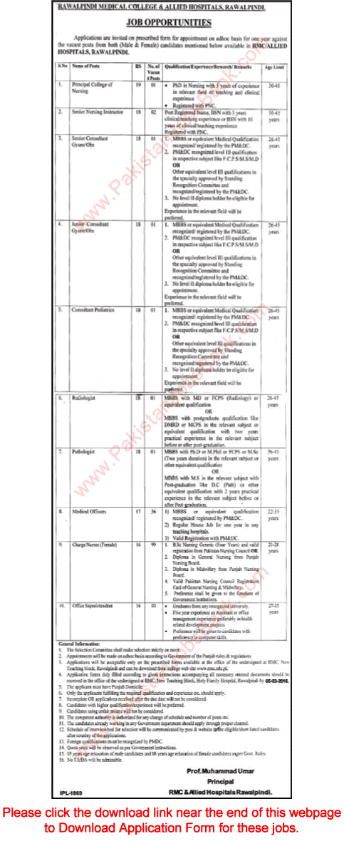 Rawalpindi Medical College and Allied Hospitals Jobs 2016 February Application Form Charge Nurses, Medical Officers & Others