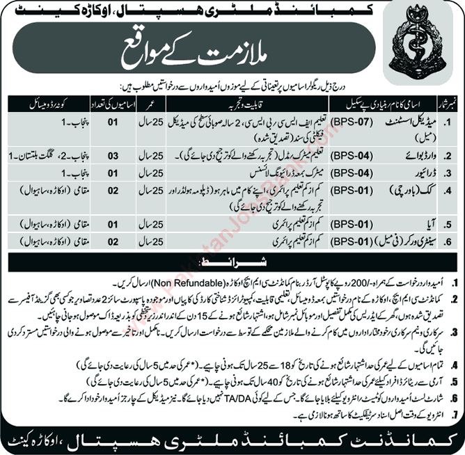 CMH Okara Jobs 2016 March Combined Military Hospital Latest Advertisement