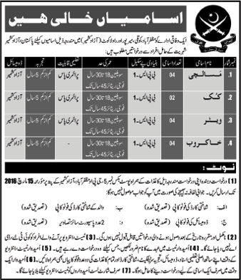 PO Box 5 GPO Muzaffarabad Jobs 2016 March AJK Pakistan Army Cooks, Masalchi, Waiters & Khakroob Latest