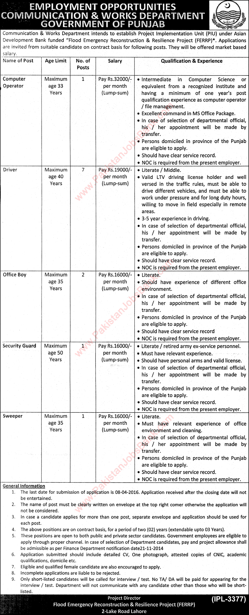 Communication and Works Department Punjab Jobs 2016 March / April FERRP Drivers, Office Boys & Others Latest