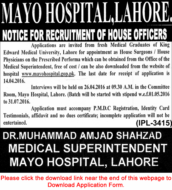 Mayo Hospital Lahore Jobs 2016 March / April House Surgeons & Physicians Application Form Doctors Latest