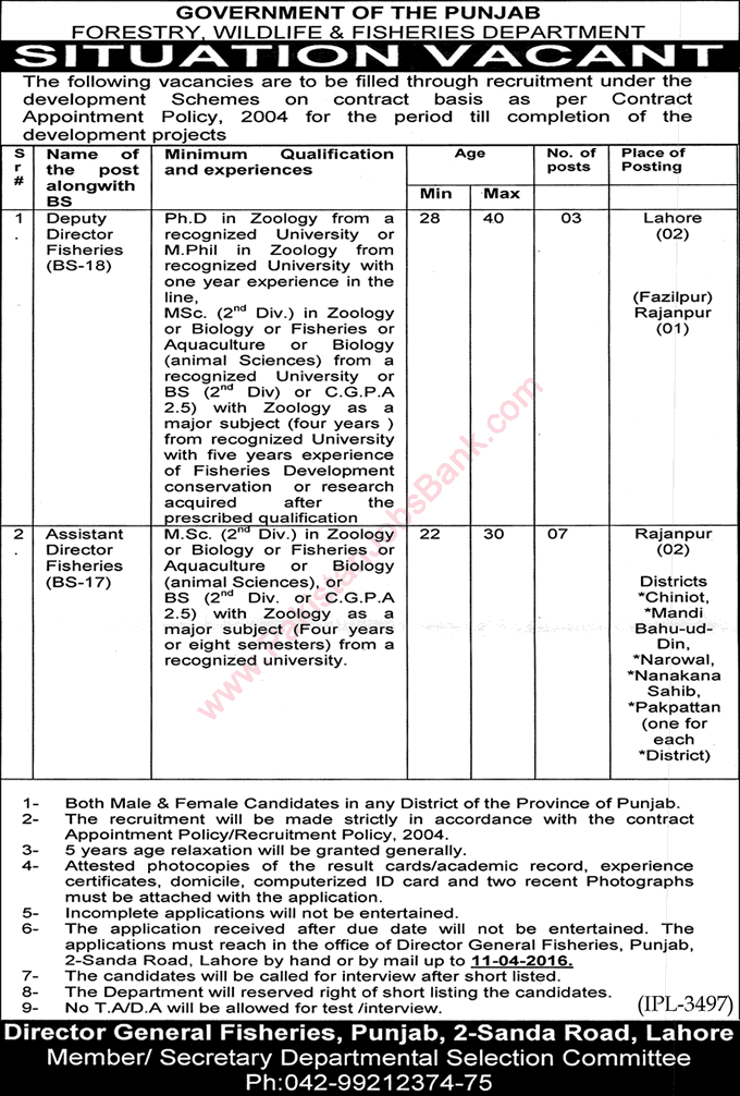 Forestry Wildlife and Fisheries Department Punjab Jobs 2016 March / April Deputy / Assistant Directors Latest