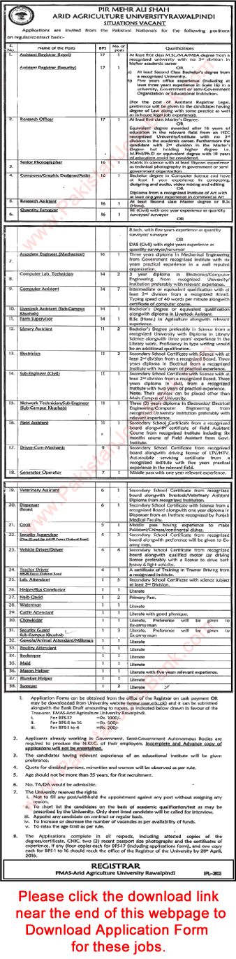 Arid Agriculture University Rawalpindi Jobs 2016 April PMAS UAAR Application Form Download Latest Advertisement