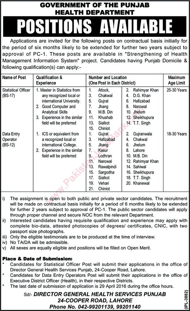 Health Department Punjab Jobs April 2016 Data Entry Operators & Statistical Officers Latest