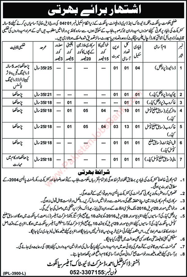 District Livestock Office Sialkot Jobs 2016 April L&DD Water Carriers, Khakroob & Others Latest