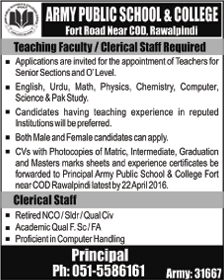 Army Public School and College Rawalpindi Jobs April 2016 Teaching Faculty & Clerical Staff Latest