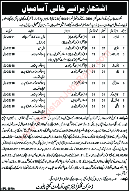 Revenue Department Chiniot Jobs 2016 April Punjab Naib Qasid, Drivers & Others Latest