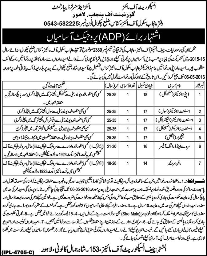 Punjab School of Mines Katas Chakwal Jobs 2016 April Directors, Lecturer & Others Latest