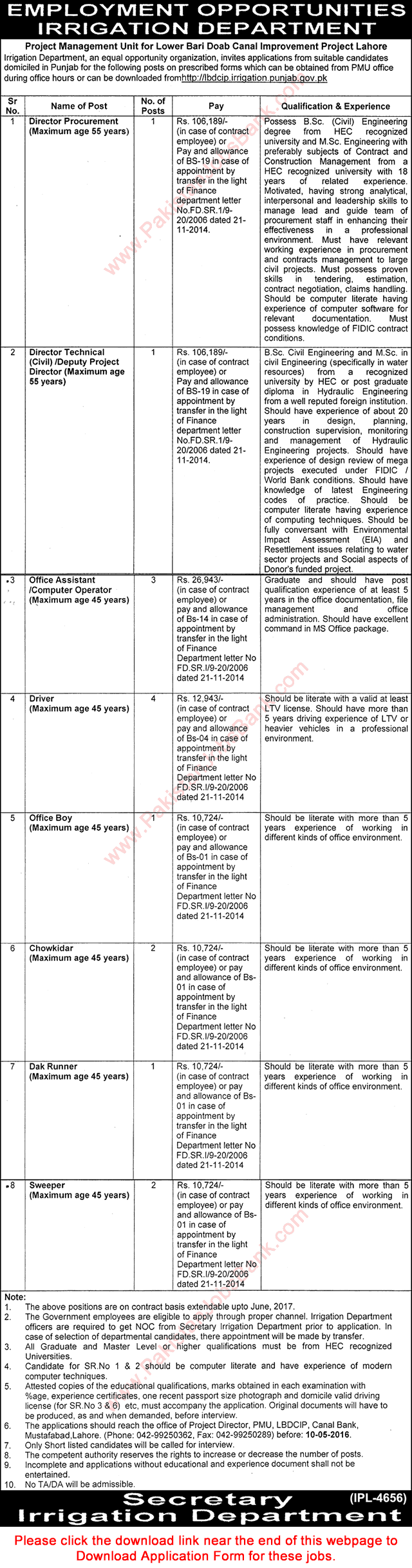 Irrigation Department Punjab Jobs April 2016 PMU LBDCIP Lahore Application Form Latest