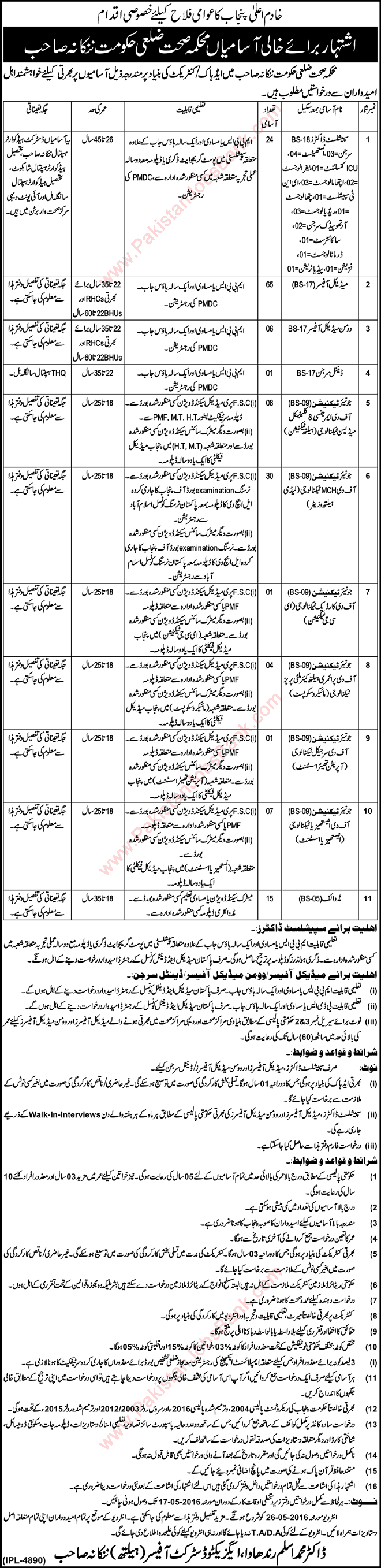 Health Department Nankana Sahib Jobs April 2016 Medical Officers, Specialists Doctors, Technicians & Others Latest