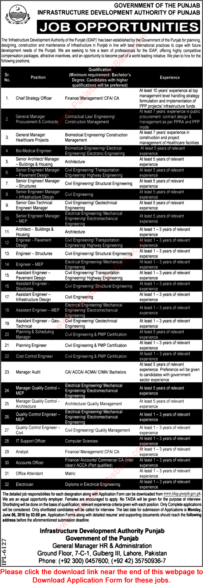 Infrastructure Development Authority Punjab Jobs May 2016 IDAP Application Form Download Latest / New