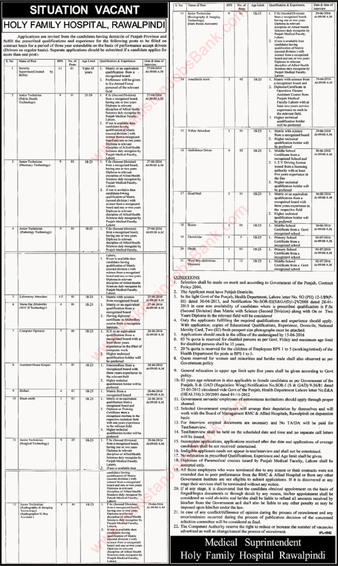 Holy Family Hospital Rawalpindi Jobs May 2016 June Medical Technicians, Computer Operators & Others Latest