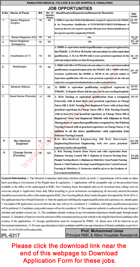 Rawalpindi Medical College and Allied Hospitals Jobs May 2016 June Application Form Nurses & Others Latest