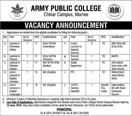 Army Public College Chinar Campus Murree Jobs May 2016 June Lectures, Teachers & Others Latest
