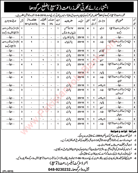 Agriculture Department Sargodha Jobs 2016 June Baildar, Naib Qasid, Sweepers & Others Latest