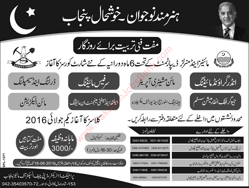 Mines and Minerals Department Punjab Free Courses 2016 June with Stipend / Salary Latest
