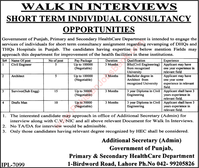 Primary and Secondary Healthcare Department Punjab Jobs June 2016 Civil Engineers & Others Walk in Interviews Latest