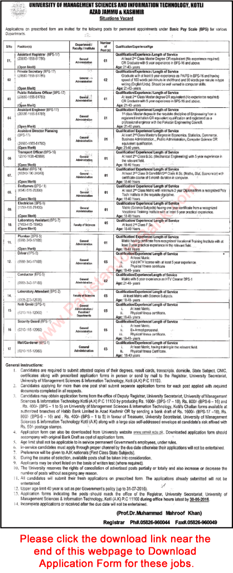 UMSIT Kotli Jobs June 2016 Application Form University of Management Sciences and Information Technology Latest