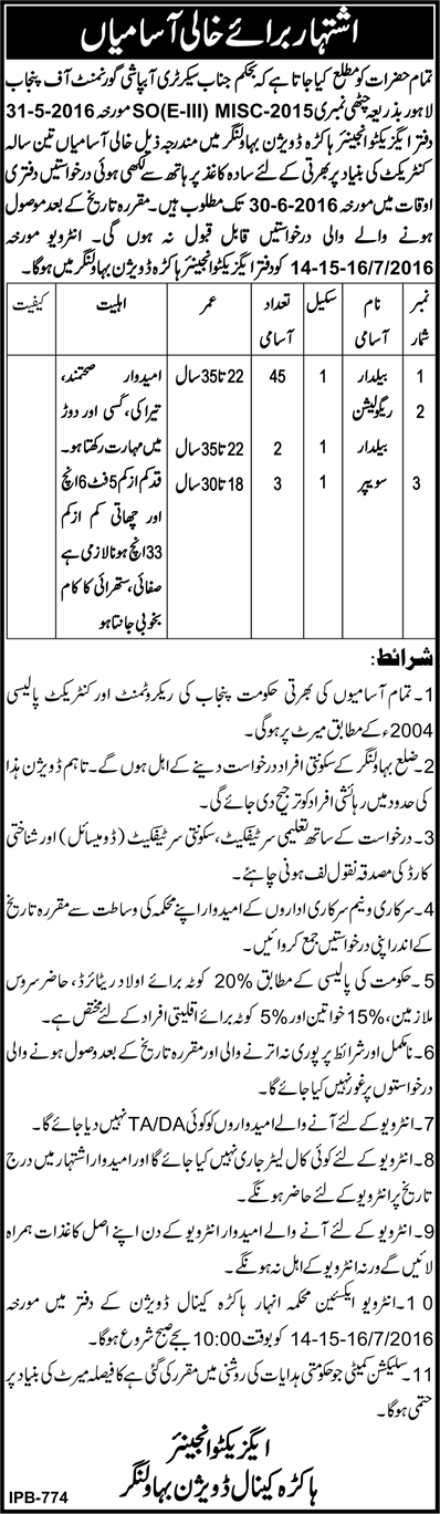 Irrigation Department Hakra Division Bahawalnagar Jobs 2016 June Baildar & Sweepers Latest