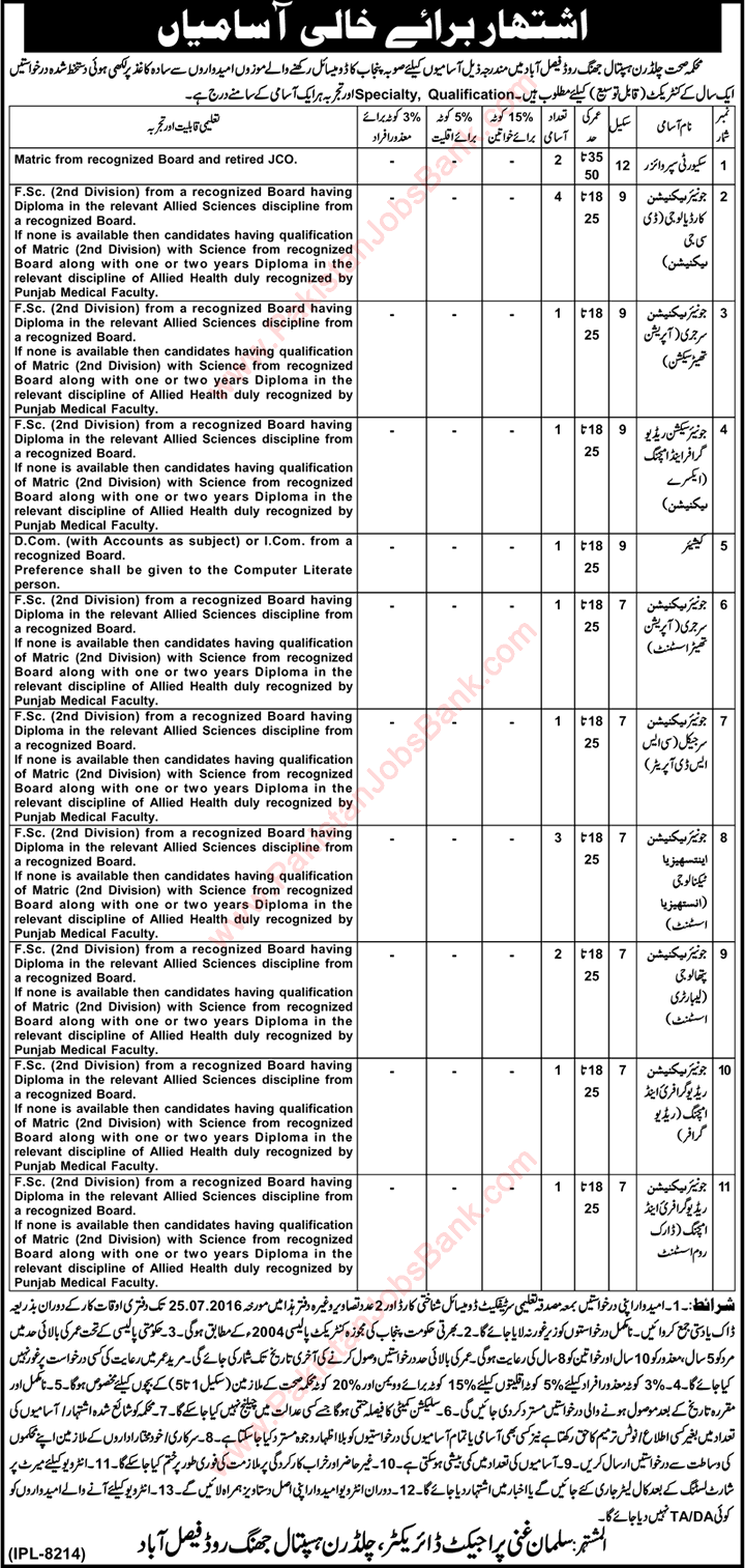 Children's Hospital Faisalabad Jobs 2016 July Medical Technicians, Security Supervisors & Cashier Latest