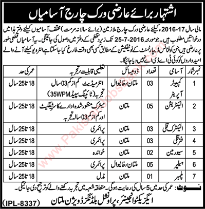 Provincial Buildings Division Multan Jobs 2016 July Computer Operators, Electricians & Others Latest