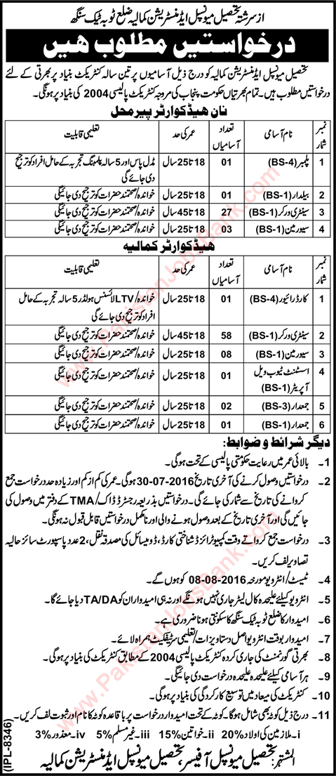 TMA Kamalia Jobs 2016 July Toba Tek Singh Sanitary Workers & Others Tehsil Municipal Administration Latest