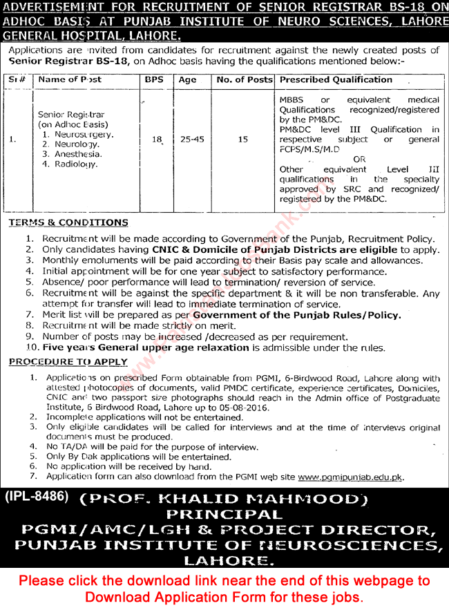 Registrar Jobs in Punjab Institute of Neuro Sciences Lahore July 2016 Application Form PINS LGH Latest